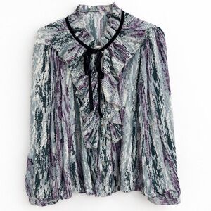 Sage + Fig Pleated Ruffled Tie-Neck Blouse in Purple and Gray